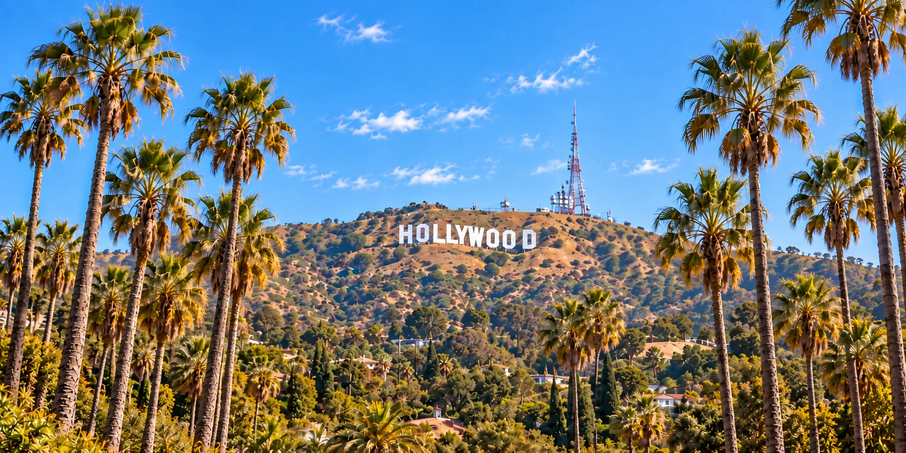 Palm trees and the Hollywood Hills