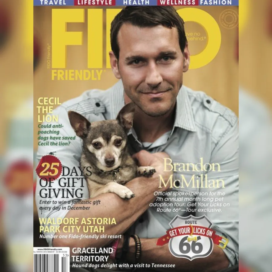FIDO Friendly magazine cover featuring Brandon McMillan with a small dog
