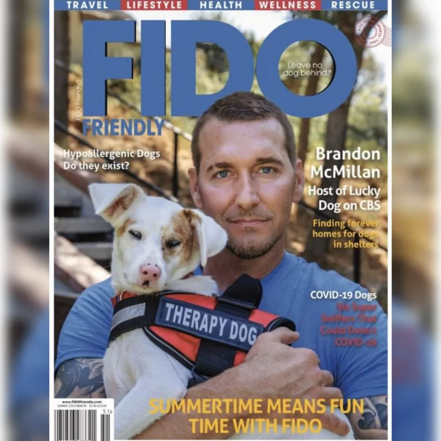 FIDO Friendly magazine cover featuring Brandon McMillan with a therapy dog