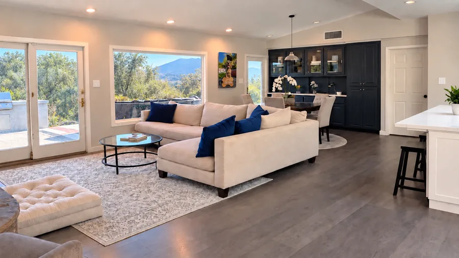 Open living room and kitchen in the ranch house