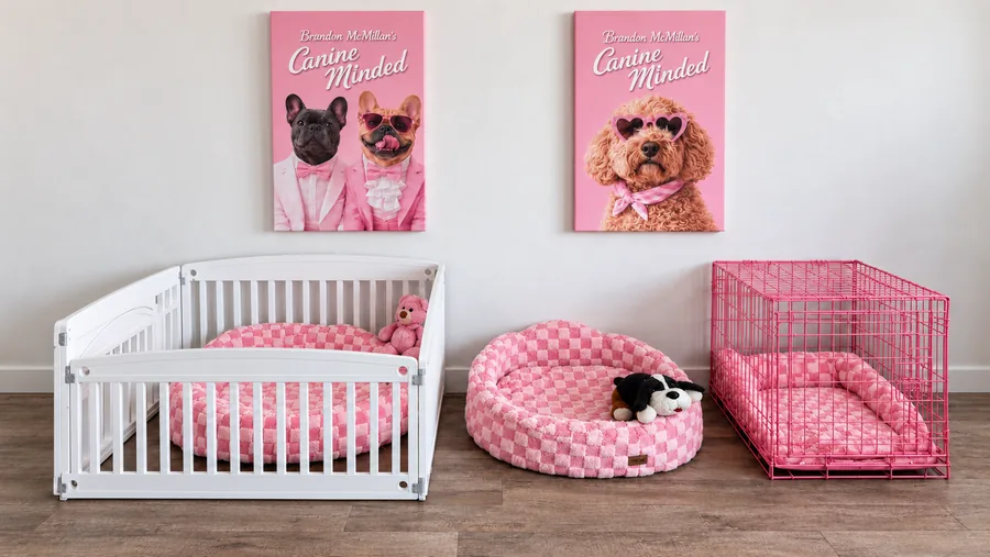 Puppy room with pink beds and play pen
