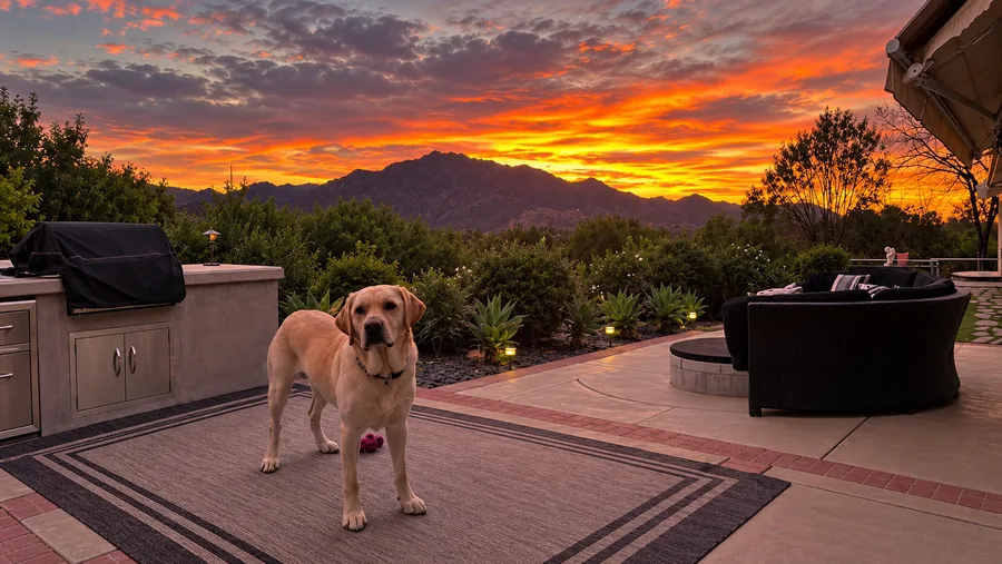 A Labrador on the patio at sunset with mountain views