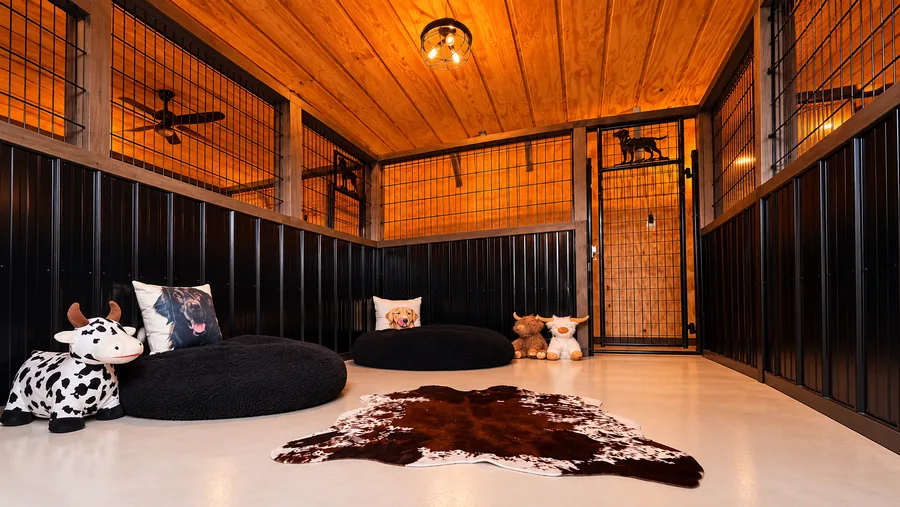 Wood-ceilinged dog suite with beds and cowhide rug