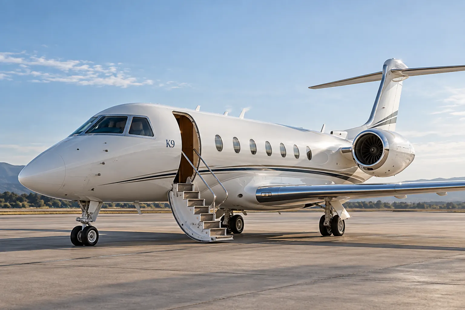 A private jet with its stairs lowered on the tarmac